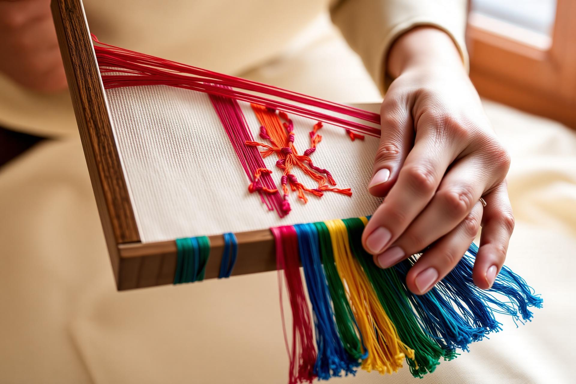 Master artisan hand embroidering a colorful silk piece on a wooden frame